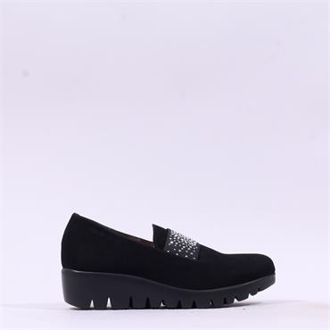 Wonders Sparkle Stud Band Wedge Shoe - Black Suede